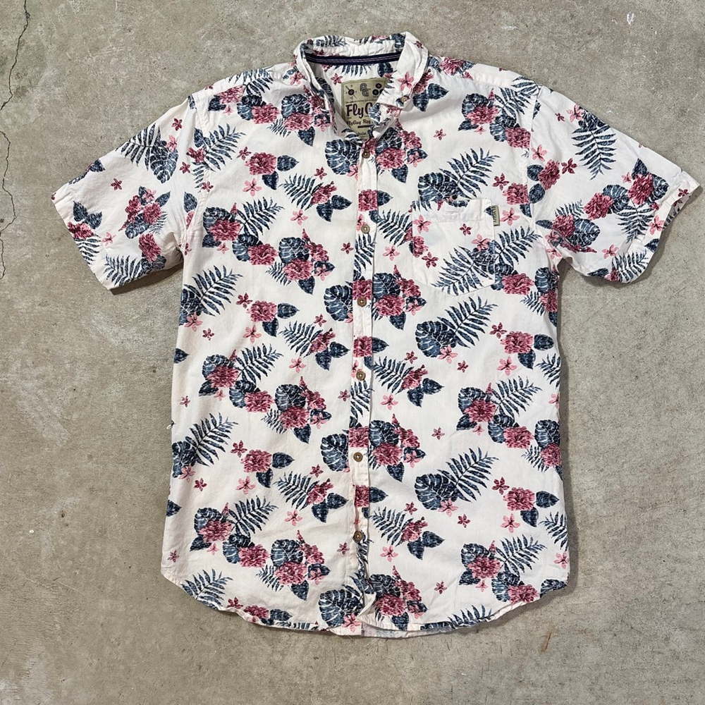 Fly Guy Casual Button Down Shirt Men’s Large White Blue Floral Short Sleeve